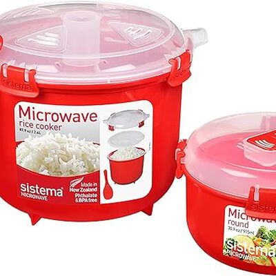 Sistema Arrocera para microondas y vaporizador para Verduras con ventilaci&oacute;n de liberaci&oacute;n de Vapor, Apto para lavaplatos, Rojo.