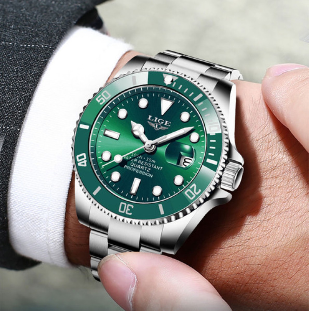 Reloj Impermeable Para Hombre Plata Verde image number null