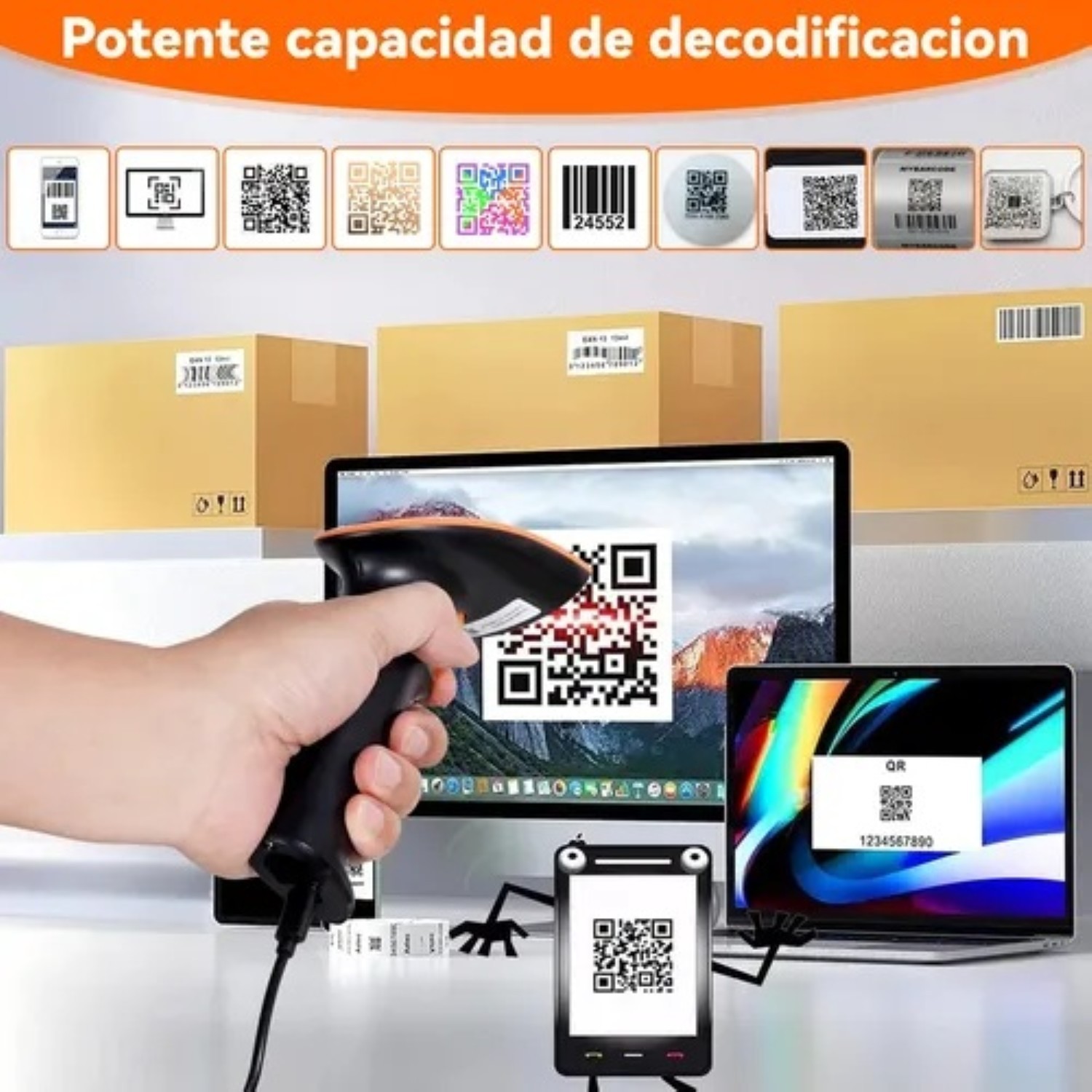 Esc&aacute;ner de c&oacute;digos de barras inal&aacute;mbrico 1D/2D con receptor USB image number null
