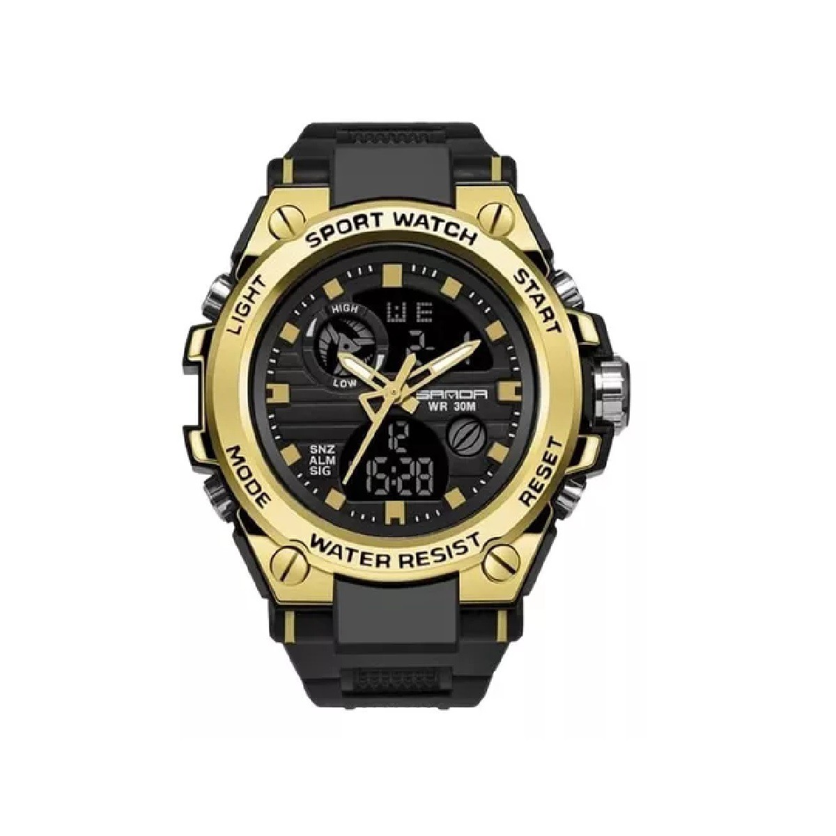 Reloj Pulsera Sanda 739 Unisex Sport Correa Negro Bisel Negro Fondo Dorado. image number null