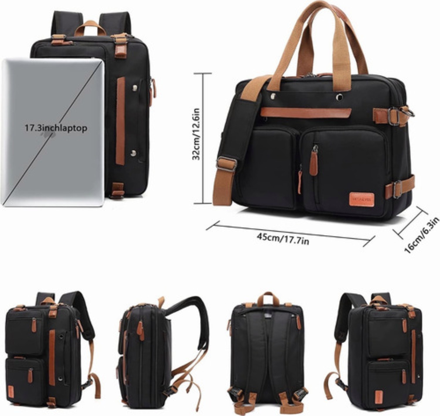 Mochila Malet&iacute;n Bolso Mensajero 3 En 1 Para Laptop De 17.3in NEGRA CON CAFE image number null