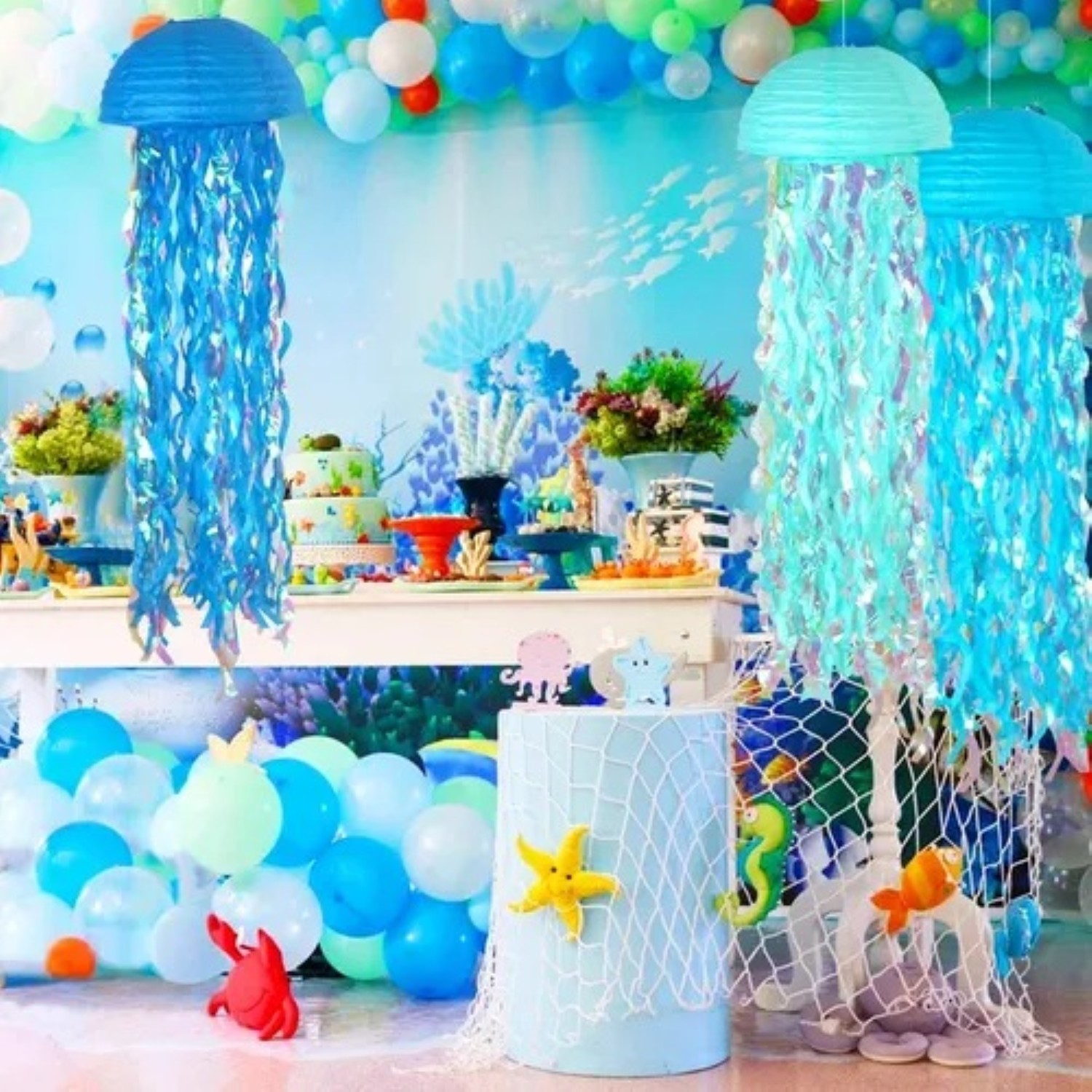 6pcs Fiesta En El Oc&eacute;ano Con Farolillos De Papel De Medusas Azul image number null