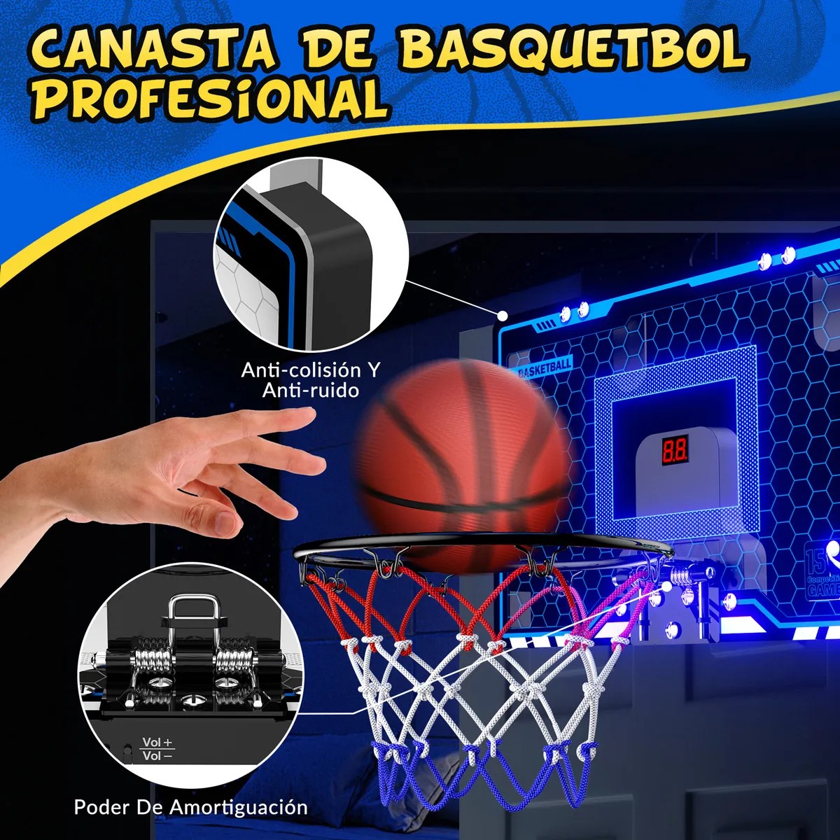 Canasta de Basquetbol Tablero de Baloncesto con Luces Led y 3 Mini Pelotas Color Azul para Ni&ntilde;os image number null