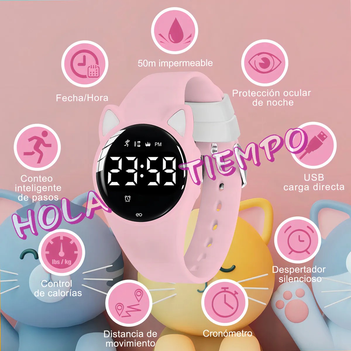 Reloj Digital Recargable Deportivo Multifunci&oacute;n Rosa Chicle image number null