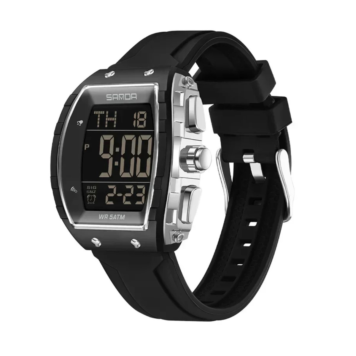 Reloj moda esfera plateado grande correa TPU cron&oacute;grafo deportivo calendario luminoso contra agua image number null