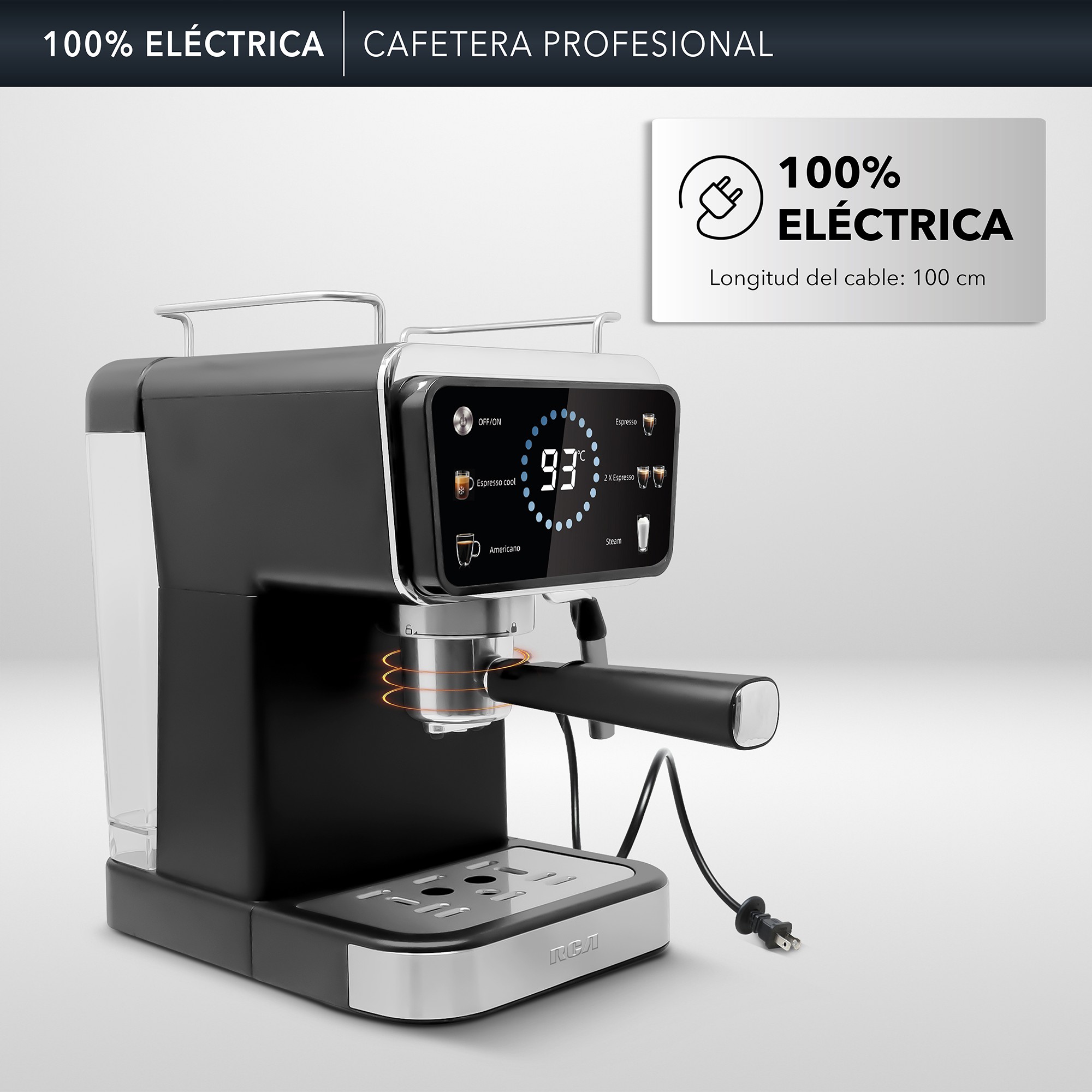 RCA Cafetera Profesional RC-CAF5, 2 en 1 para Caf&eacute; Molido y C&aacute;psulas, Espumador, Pantalla Inteligente, 1.5L. image number null