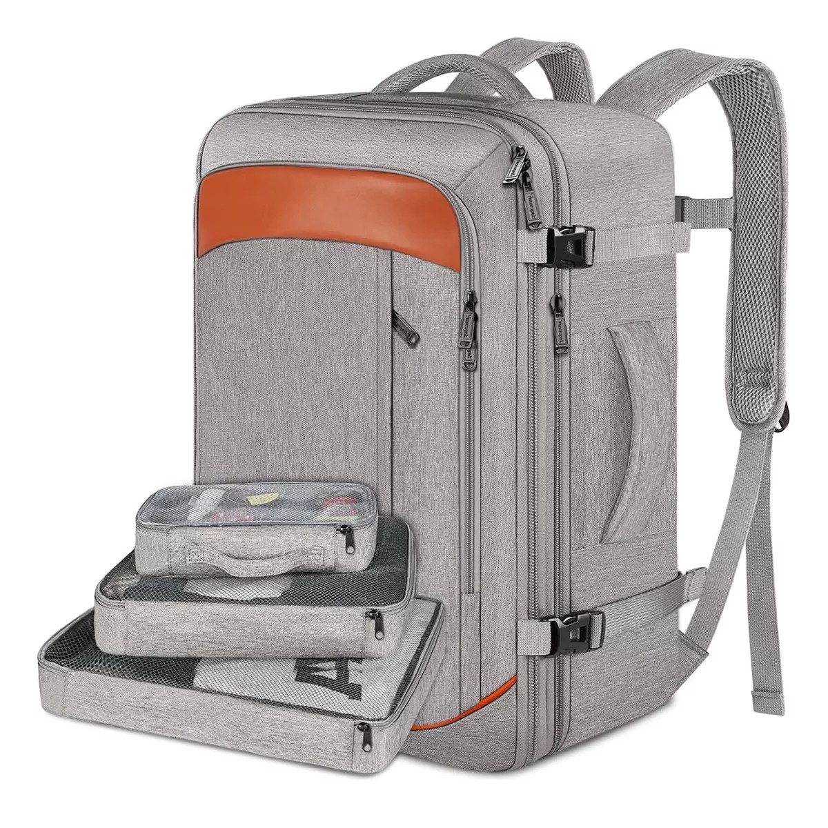 Mochila De Viaje 50L con Tres Bolsos Gris y Naranja. image number null