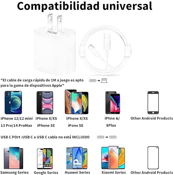 RENDIN 25W Cargador Carga R&aacute;pida para iPhone - Cargador Tipo C con 1.5M Cable Compatible con iPhone 14/13/12/11/X/iPad. image number null