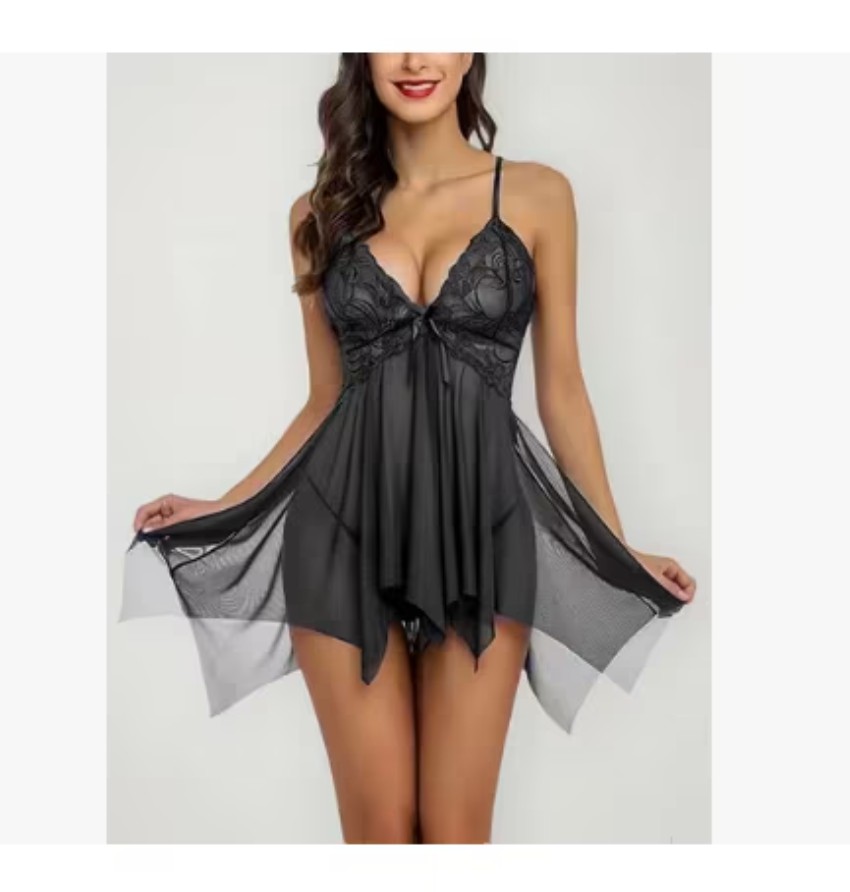 Lencer&iacute;a Babydoll Encaje Vestido Camis&oacute;n Con Liguero Y Tanga color negro talla: M image number null