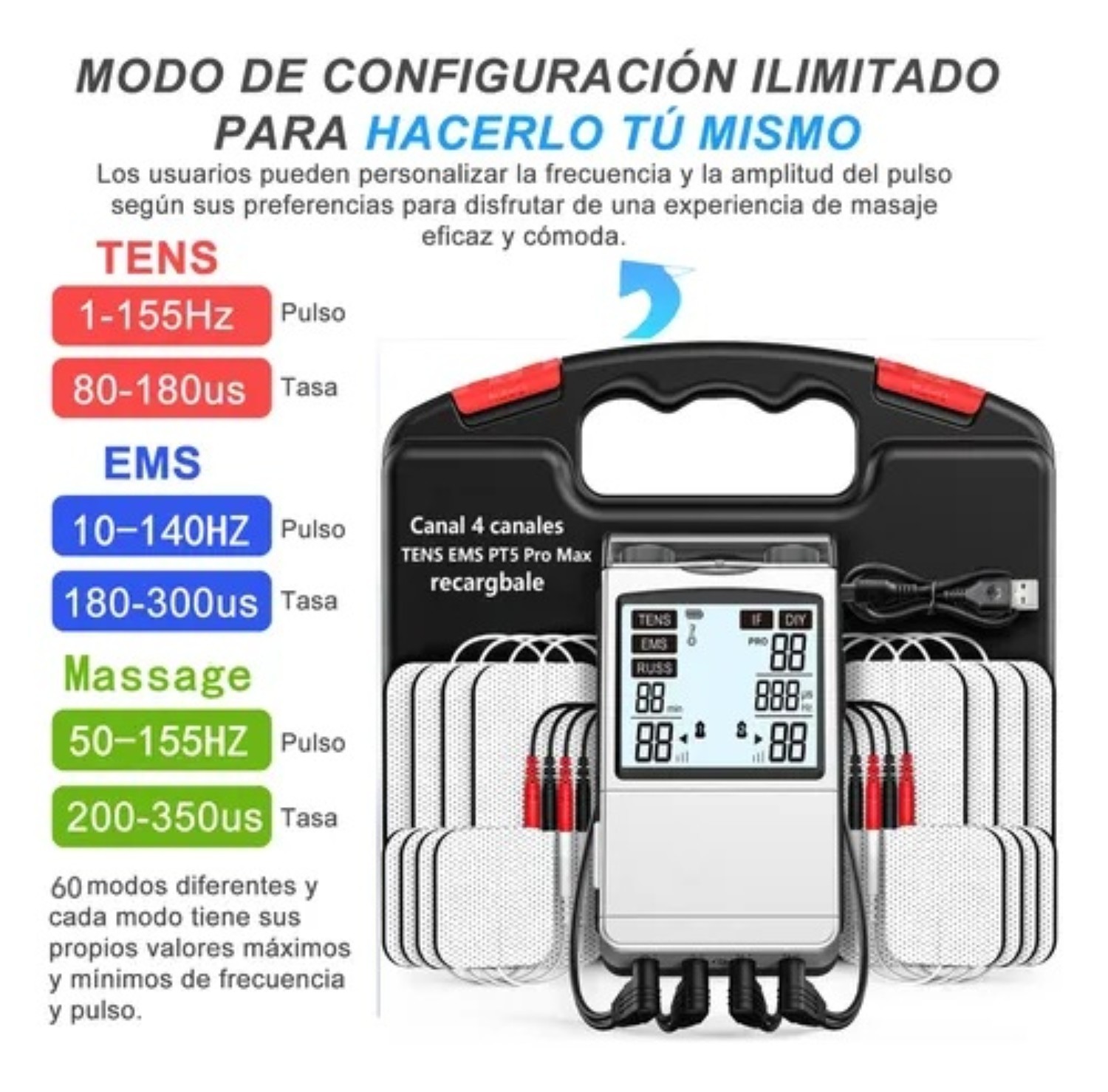 Electroestimulador Muscular 4 Canales 48 Modos 8pad Plata Negro image number null