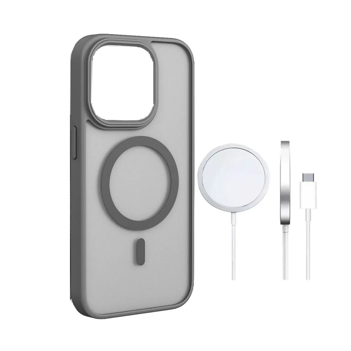 Funda Para iPhone 12 Pro Max + Cargador Inal&aacute;mbrico 15w + Mica De Vidrio Gris image number null