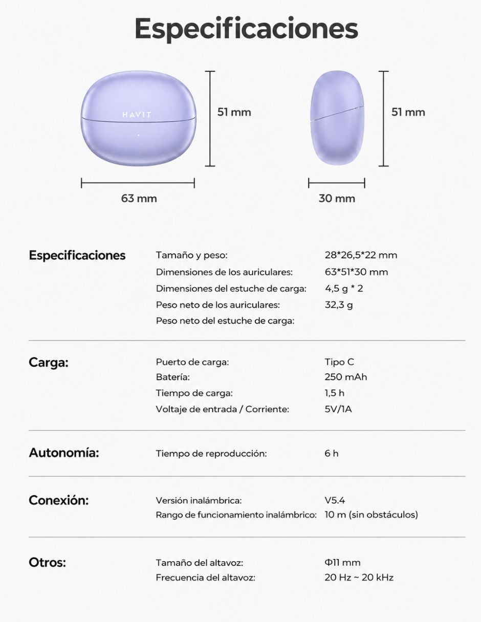 Aud&iacute;fonos Open Ear Havit Bluetooth 5.4 Deportivos Morado image number null
