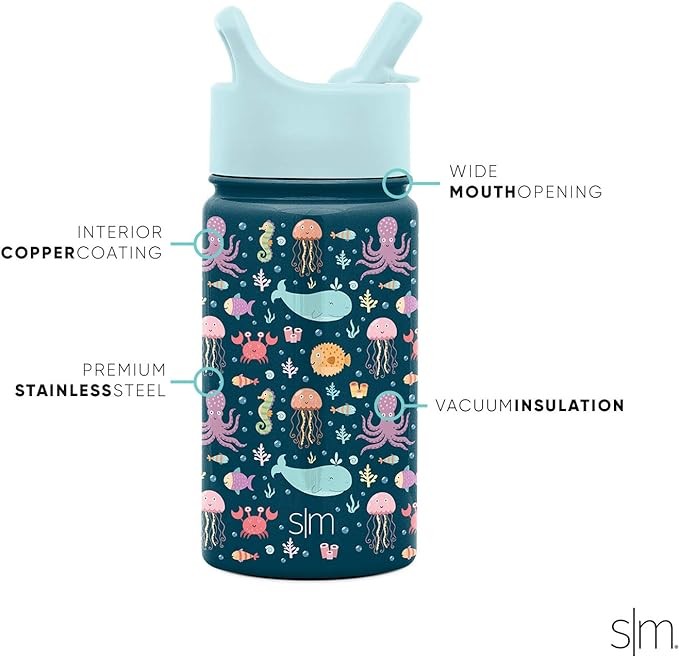 Simple Modern Botella de Agua para Ni&ntilde;os con Pajita | Vaso T&eacute;rmico Acero Inoxidable Aislado Reutilizable para Ni&ntilde;os y Ni&ntilde;as | Summit Colecci&oacute;n | 415ml | Under the Sea. image number null