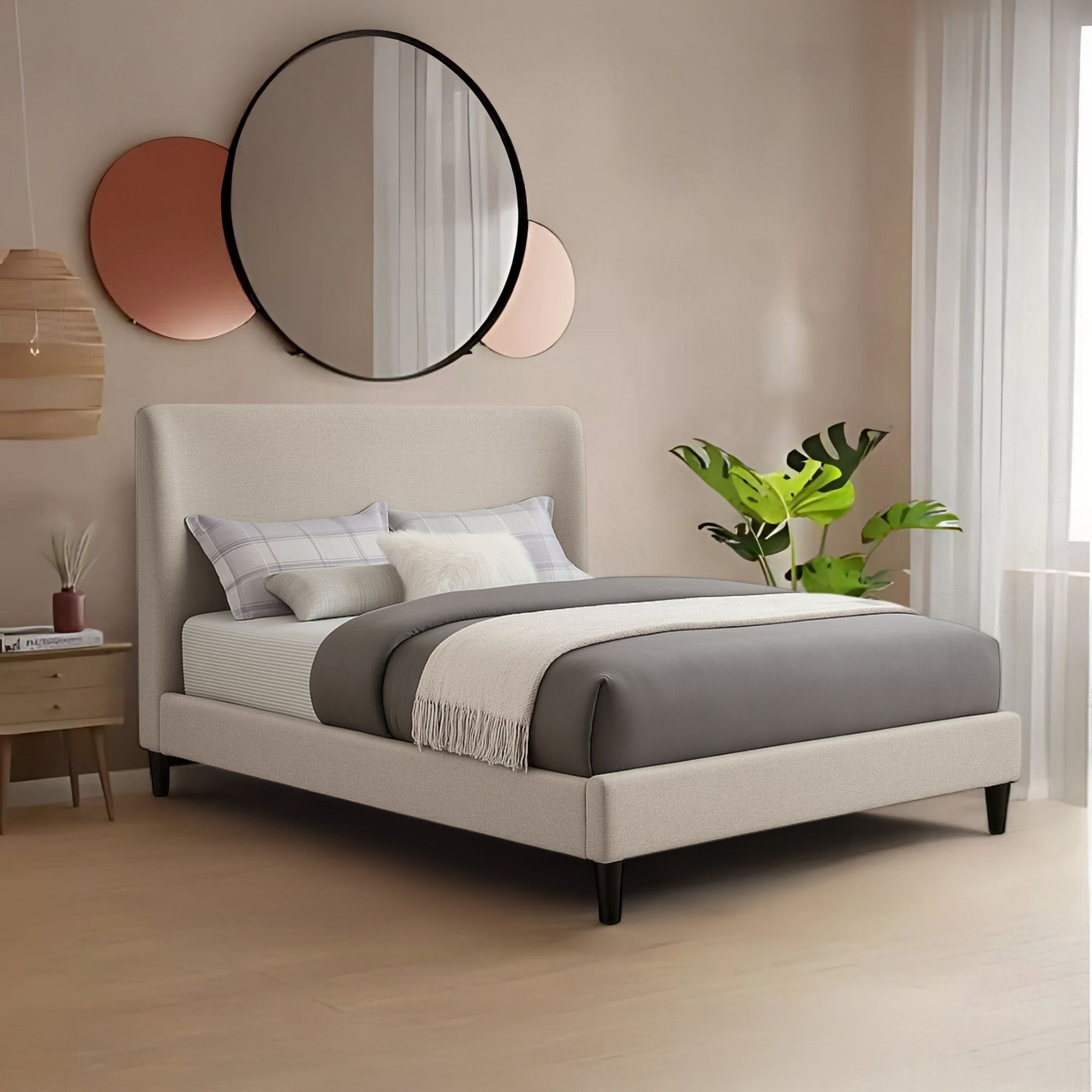 Ilios Innova | Cama Matrimonial Beige con Cabecera Tapizada en Lino y Poli&eacute;ster | Estructura de Madera Resistente image number null