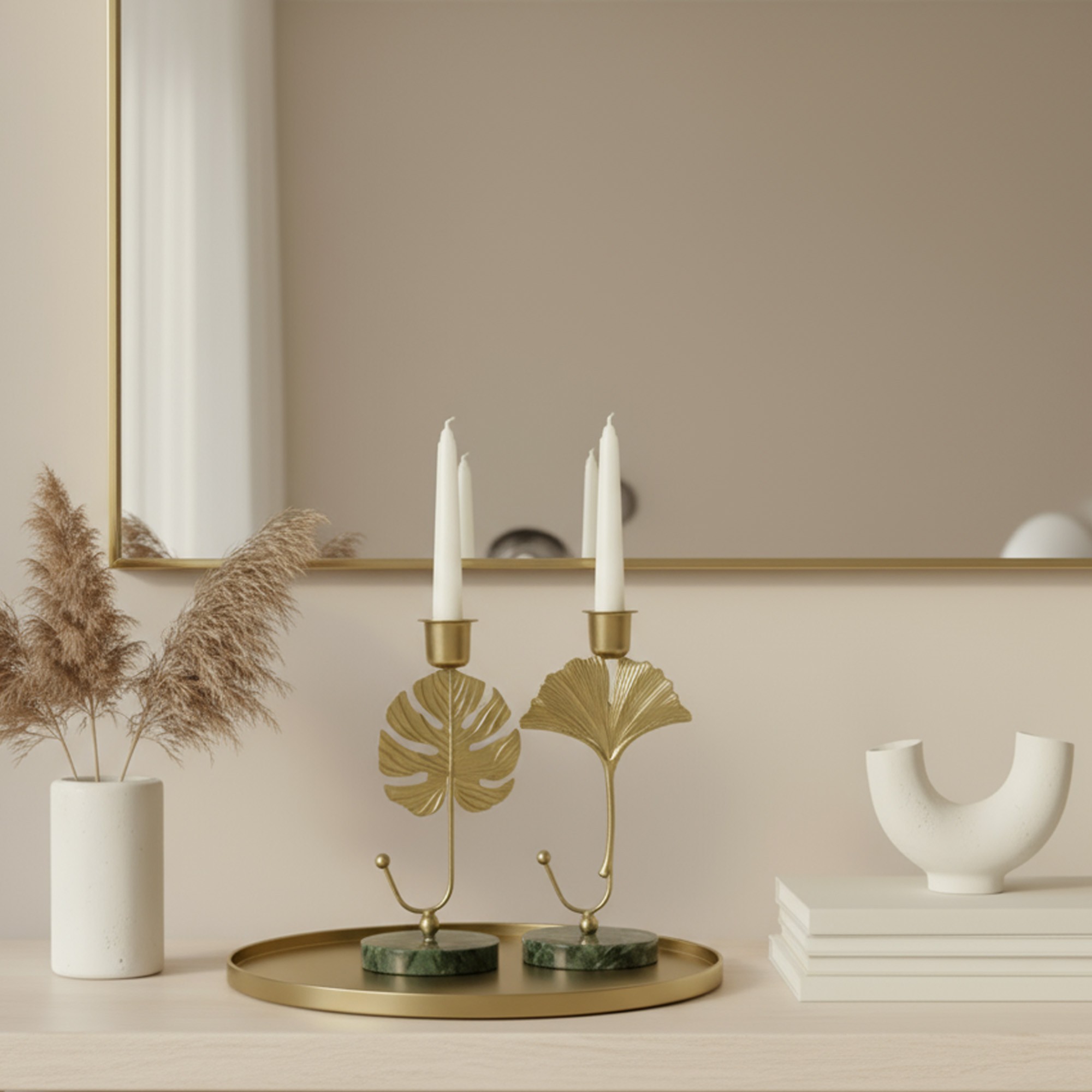 Ilios Innova | Set 4 Portavelas Decorativos, Dise&ntilde;o de Hojas Met&aacute;licas Doradas con Base de M&aacute;rmol Verde, Estilo Elegante image number null
