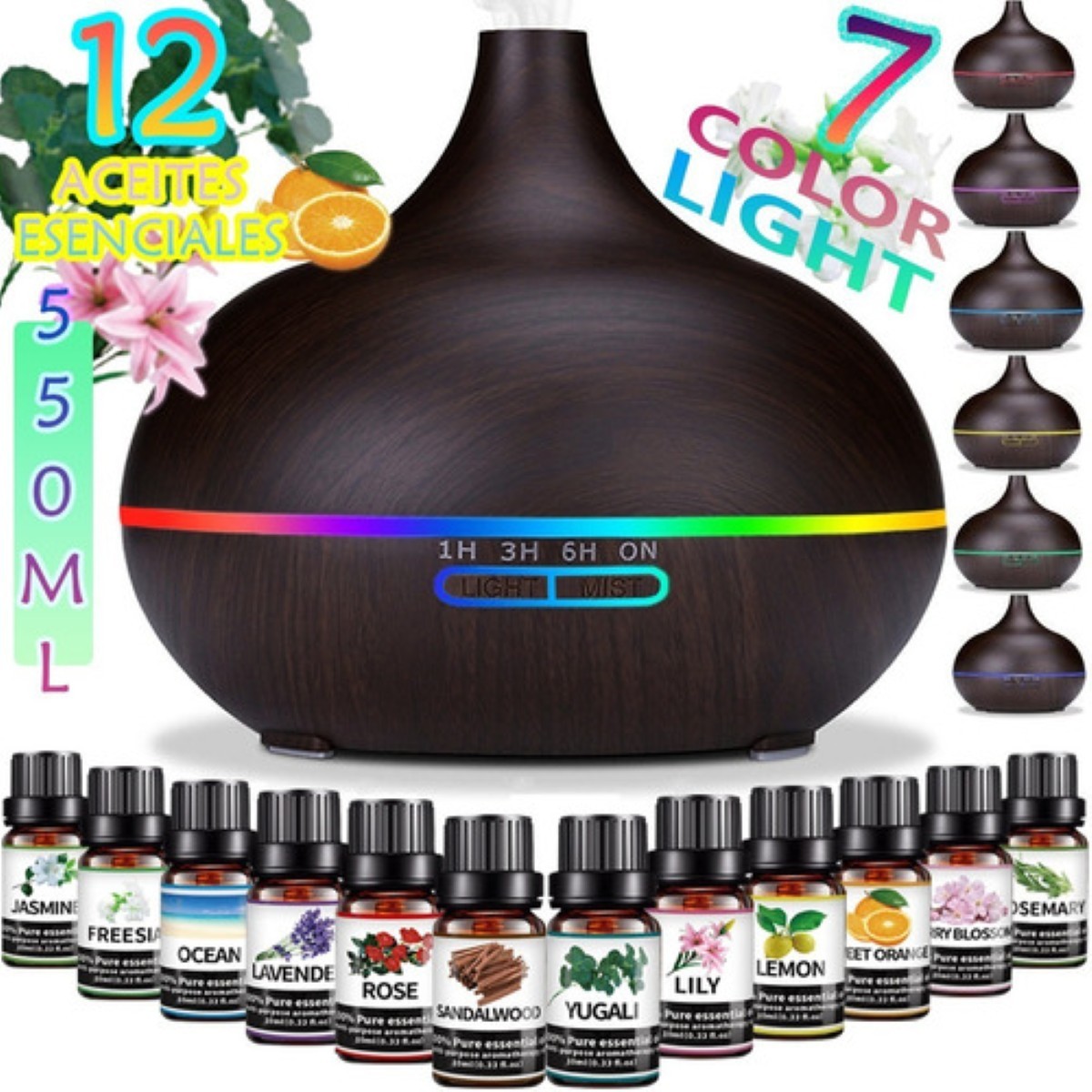 Difusor De Aroma Ultrasonico 550ml Con 12 Aceite Esencia Dise&ntilde;o de madera Oscuro image number null