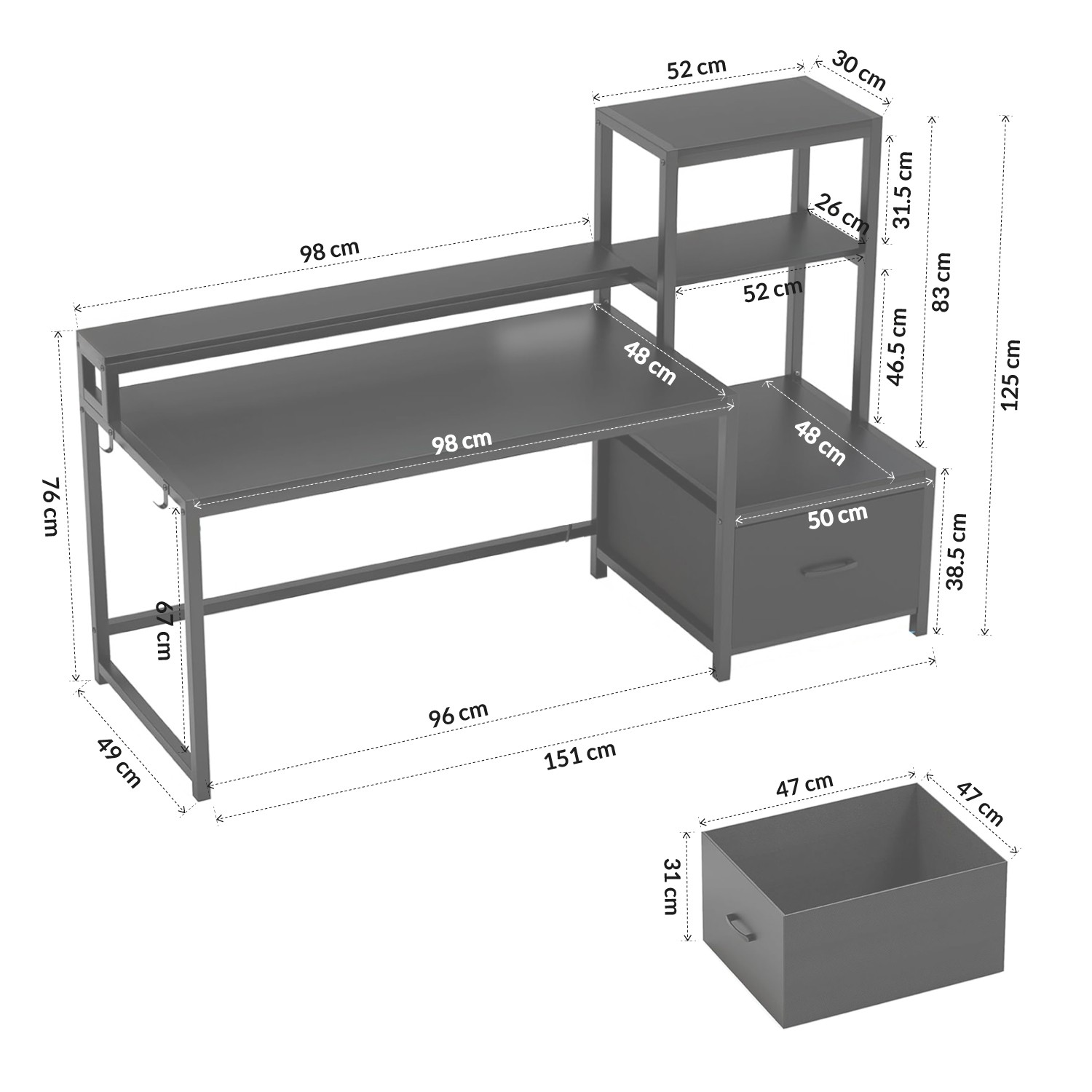 Escritorio Organizador con Estanter&iacute;a Lateral, Caj&oacute;n y Base Met&aacute;lica Negra &ndash; Bossa Zeni image number null