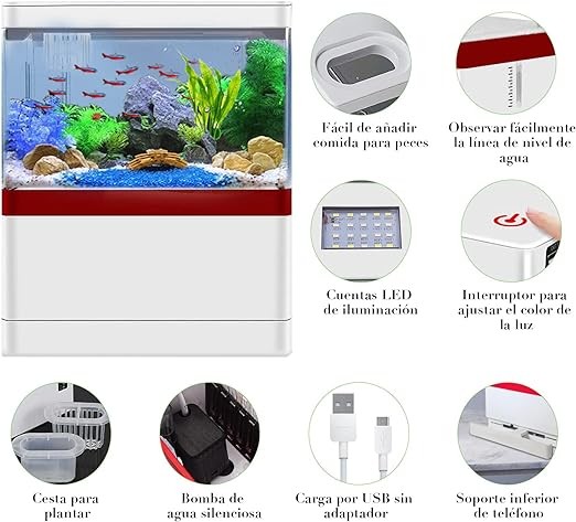AbaqKalza Mini Pecera para Pez Betta con Filtro,1.5 Galones Pecera para Peces con Iluminaci&oacute;n Led 3 Colores,Mini Tanque Acuario con USB Bomba de Agua para Escritorio Oficina Hogar. image number null