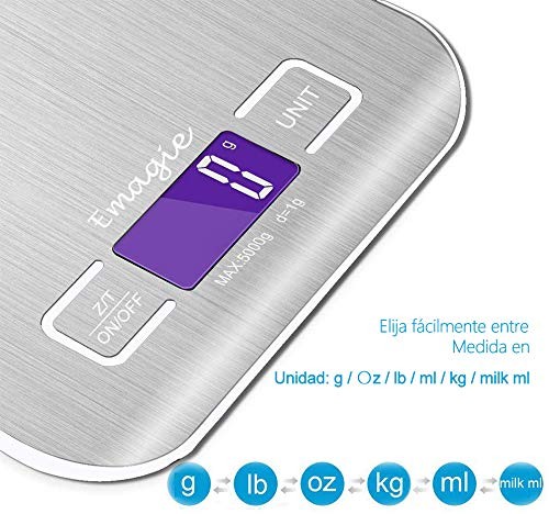 A B&aacute;scula Digital de Cocina Bascula de Comida Alimentos Multifunci&oacute;n 11lb 5kg Plata Acero Inoxidable - Bater&iacute;as Incluidas. image number null
