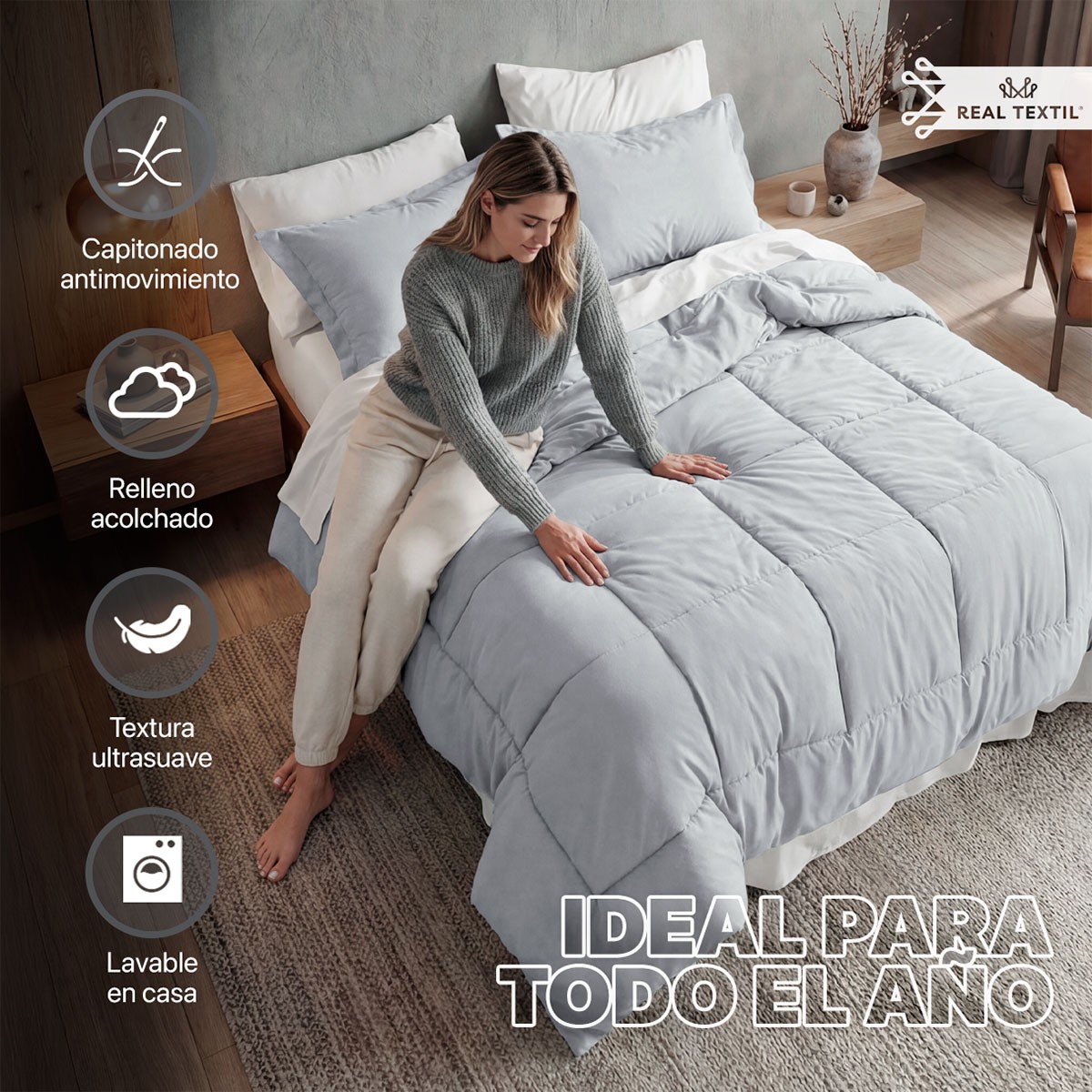Set Edred&oacute;n Matrimonial con Fundas y S&aacute;banas 7 Pzas (Gris / Blanco) Real Textil. image number null