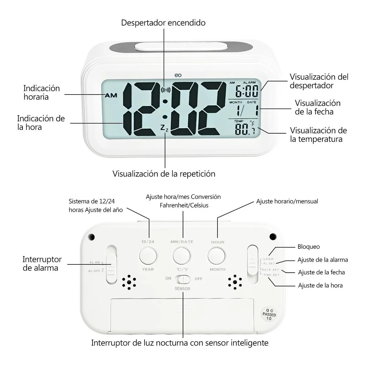 Temporizador Reloj Alarma Despertador Digitales Smart Clock Blanco image number null