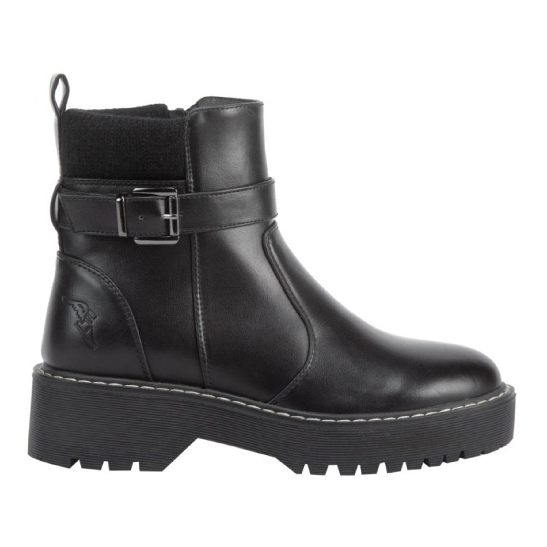 Bota de mujer, corta, con hebilla, acabado ante, con suela track, color negro, mod. 1224174 image number null