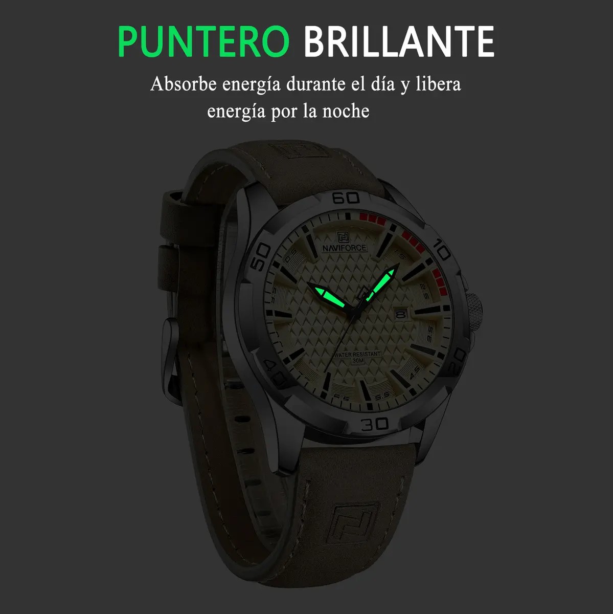 Naviforce NF8023 Reloj Casual Impermeable Correa De Cuero Hombre, Correa Caqu&iacute; Bisel Platado Fondo Amarillo image number null