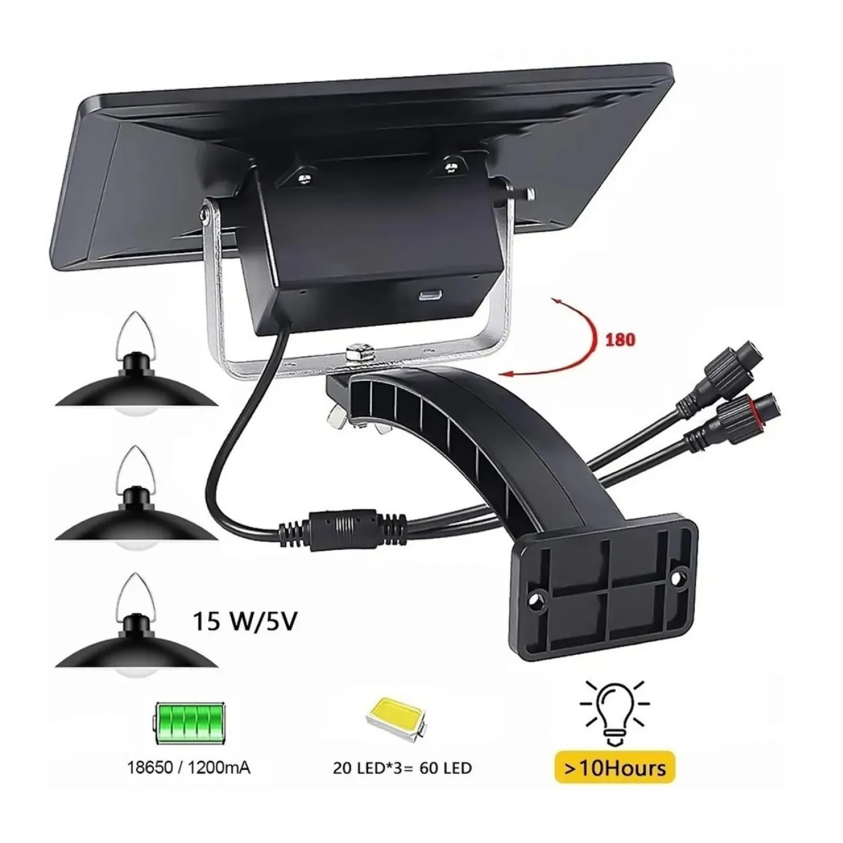L&aacute;mpara Solar Recargable Con 3 Cabezales Ajustables 60 Led, negro image number null