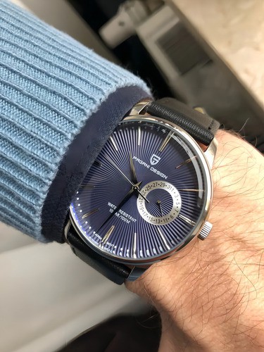 Reloj Pagani Design Reloj De Cuarzo De Cuero Para Hombre Correa Negro Bisel Plateado Fondo Azul image number null