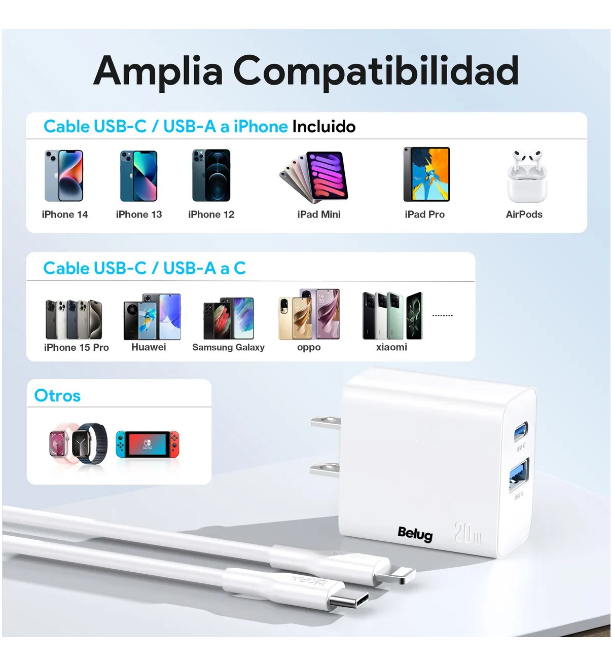 Cargador para iPhone 20W Carga R&aacute;pida Dual Salida USB C & USB Belug Blanco image number null