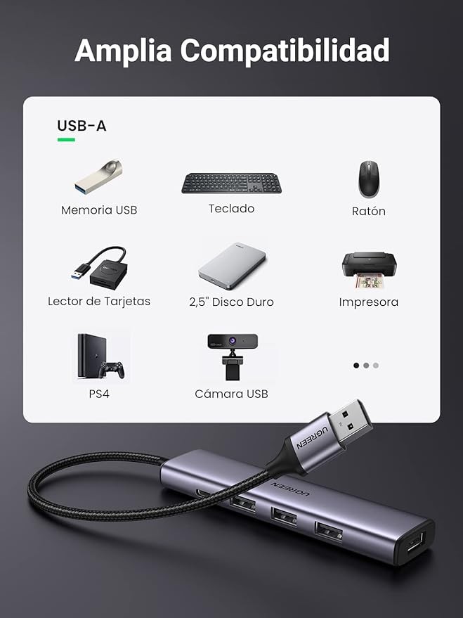 UGREEN Hub USB 3.0 de Aluminio Cable Trenzado, 4 Multi USB 3.0 y PD Carga Compatible con PC, Port&aacute;til, Teclado, Mouse image number null