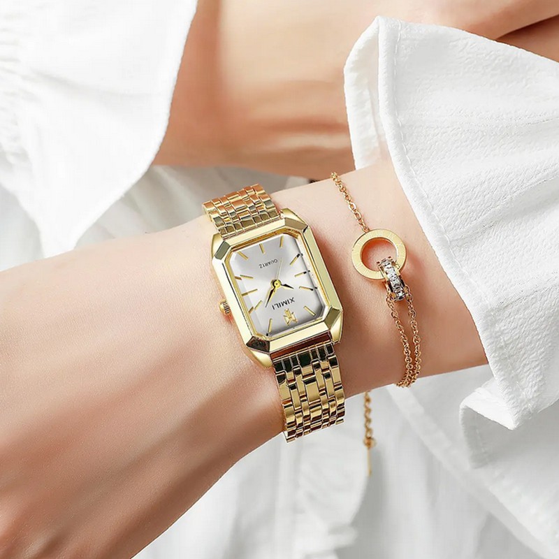 Reloj de Cuarzo para Mujer con Correa y Bisel Dorado Esfera Cuadrada Blanca image number null