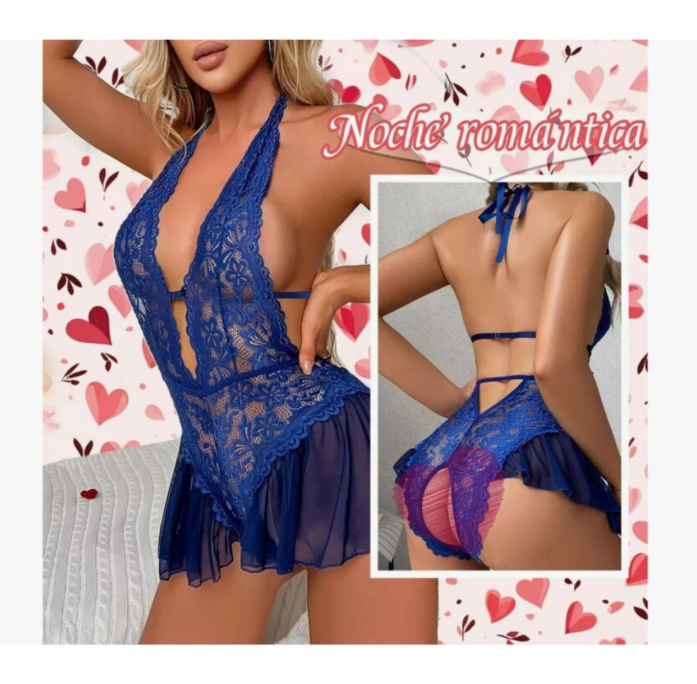Lencer&iacute;a Er&oacute;tica Sexy 1pieza Encaje Lenceria Mujer Baby Doll color azul talla AZUL S image number null