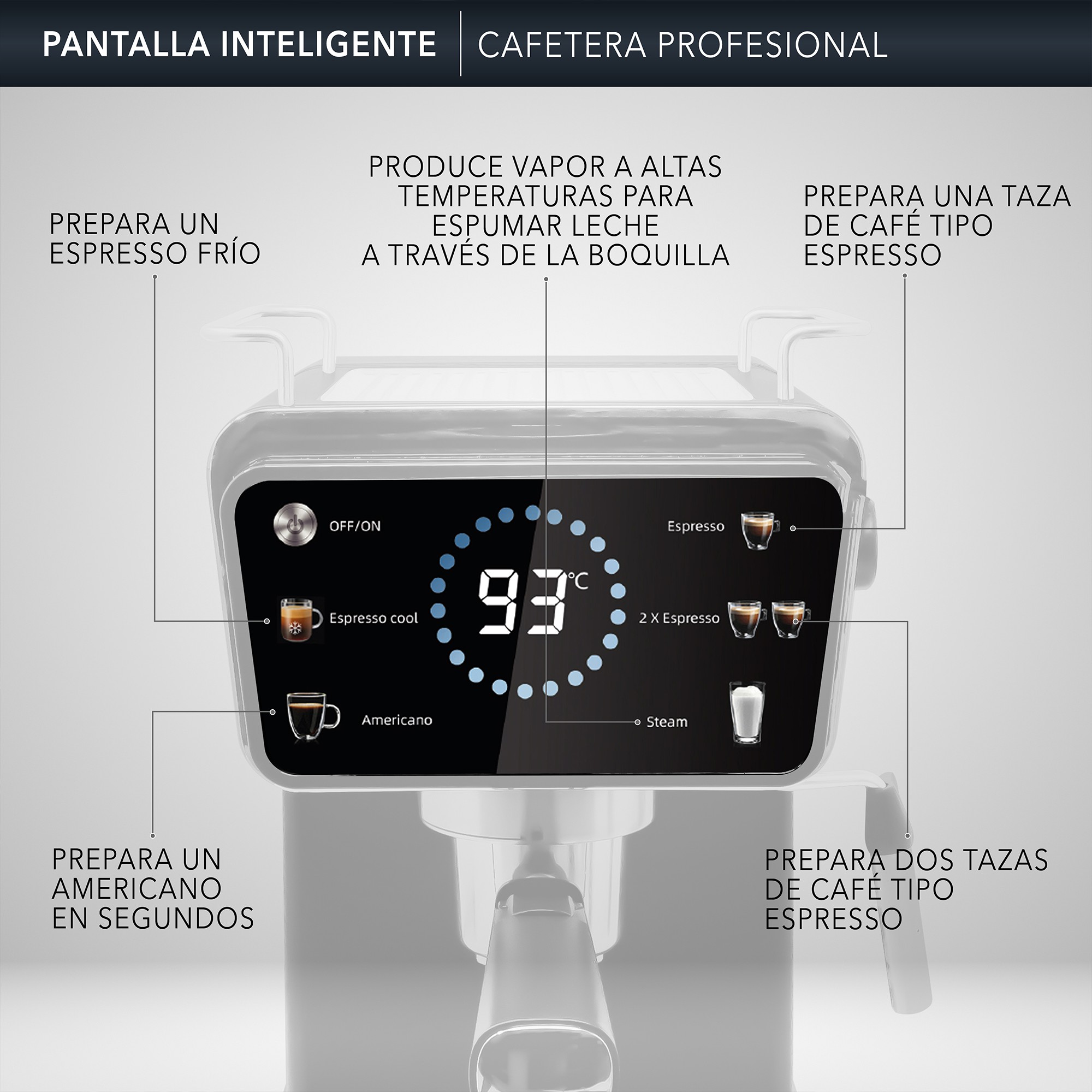 RCA Cafetera Profesional RC-CAF5, 2 en 1 para Caf&eacute; Molido y C&aacute;psulas, Espumador, Pantalla Inteligente, 1.5L. image number null