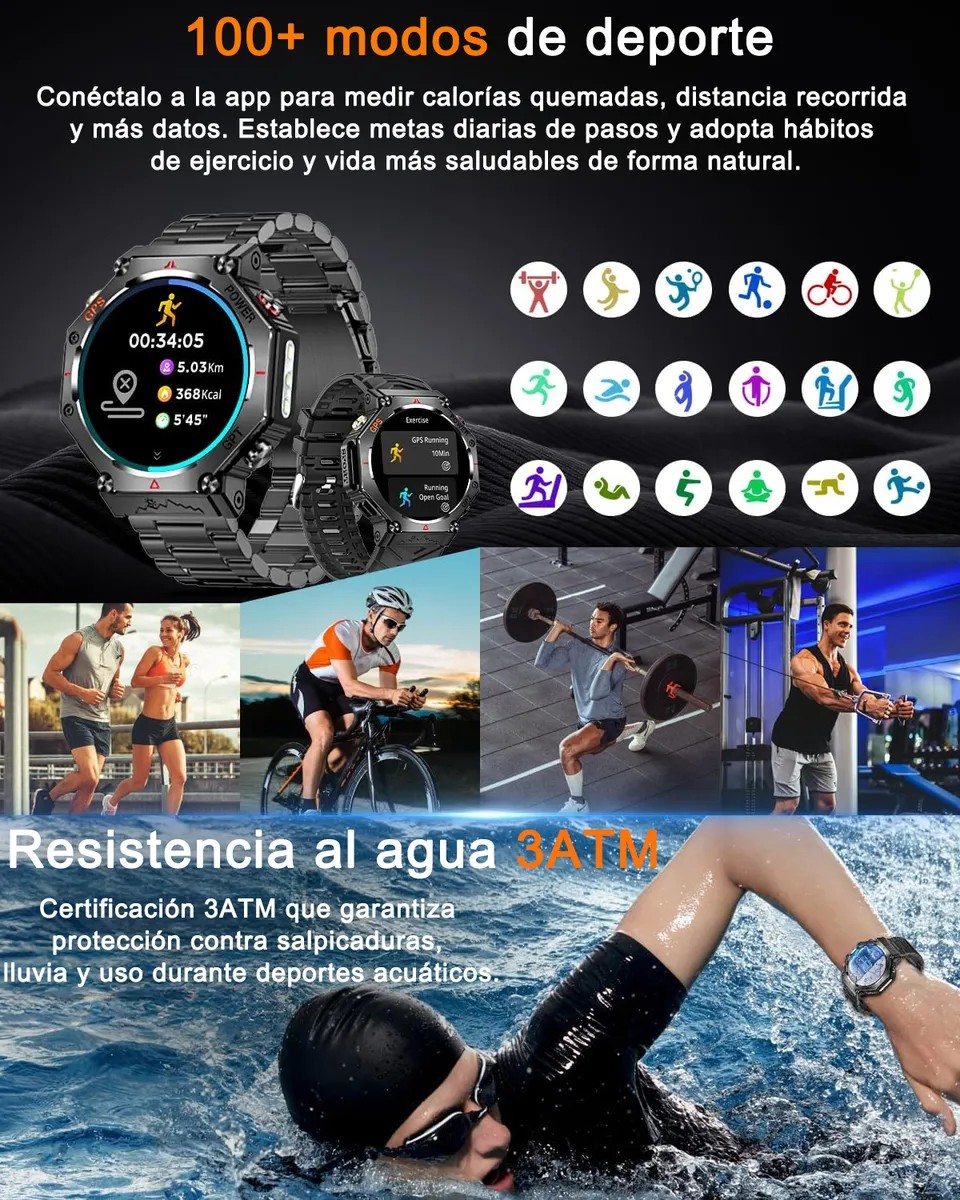 Smartwatch Reloj Inteligente Hombre Gps Llamada Bluetooth Negro Deportivo Siliconas Negro Negro image number null