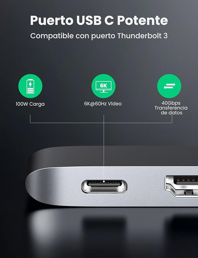 UGREEN Hub USB C para MacBook Pro Air, USB C Hub a HDMI 4K, 3 USB 3.0 para Thunderbolt 3, 100W PD Carga para Macbook Air/Pro M1 15" 13" 2021 2020 2019 2018 2017 2016, Plateado. image number null