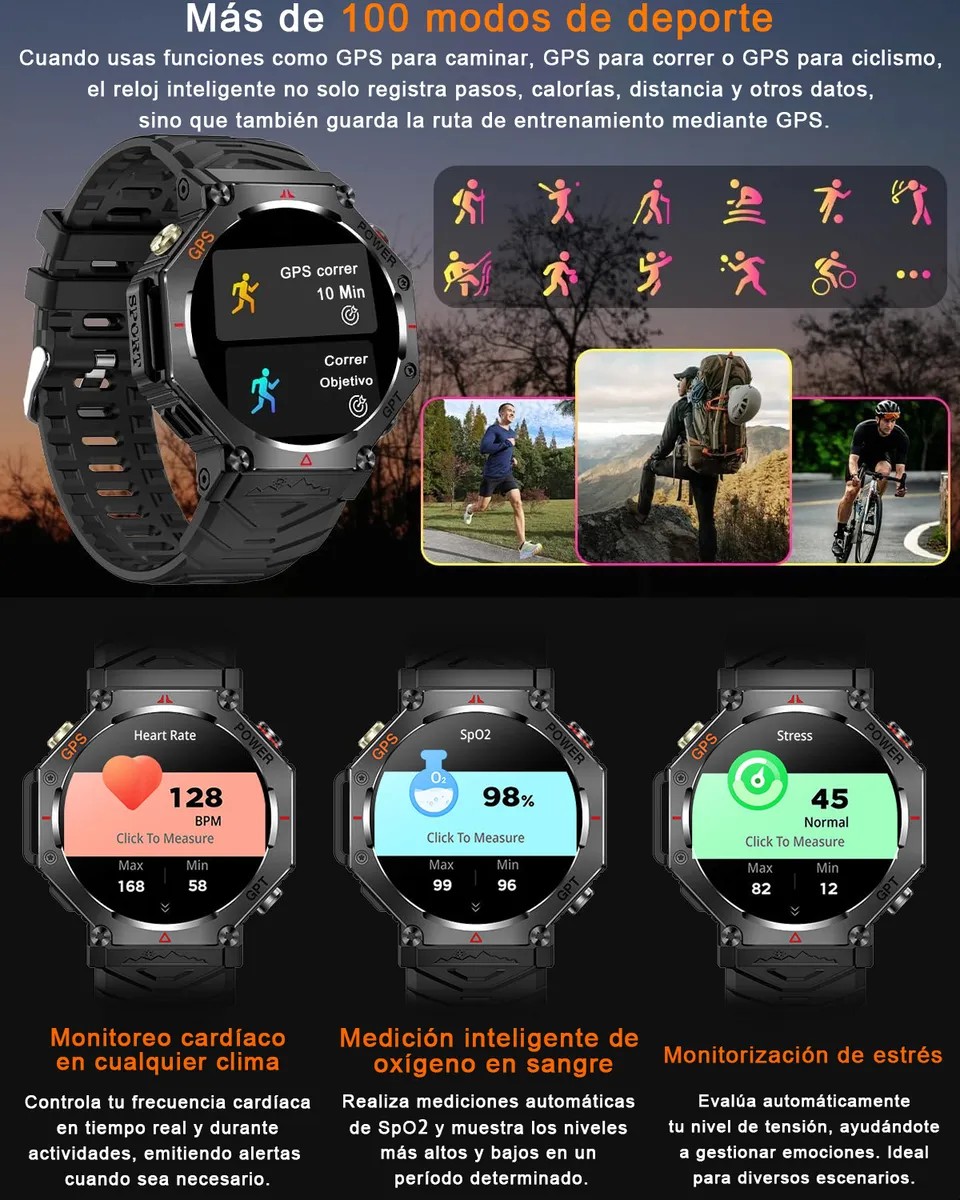 Smartwatch Reloj Inteligente Hombre Gps Llamada Bluetooth Negro Deportivo Siliconas Negro Negro image number null
