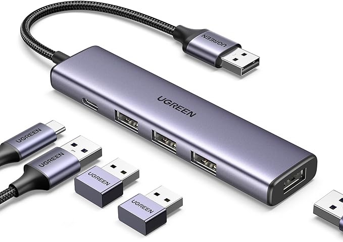 UGREEN Hub USB 3.0 de Aluminio Cable Trenzado, 4 Multi USB 3.0 y PD Carga Compatible con PC, Port&aacute;til, Teclado, Mouse image number null