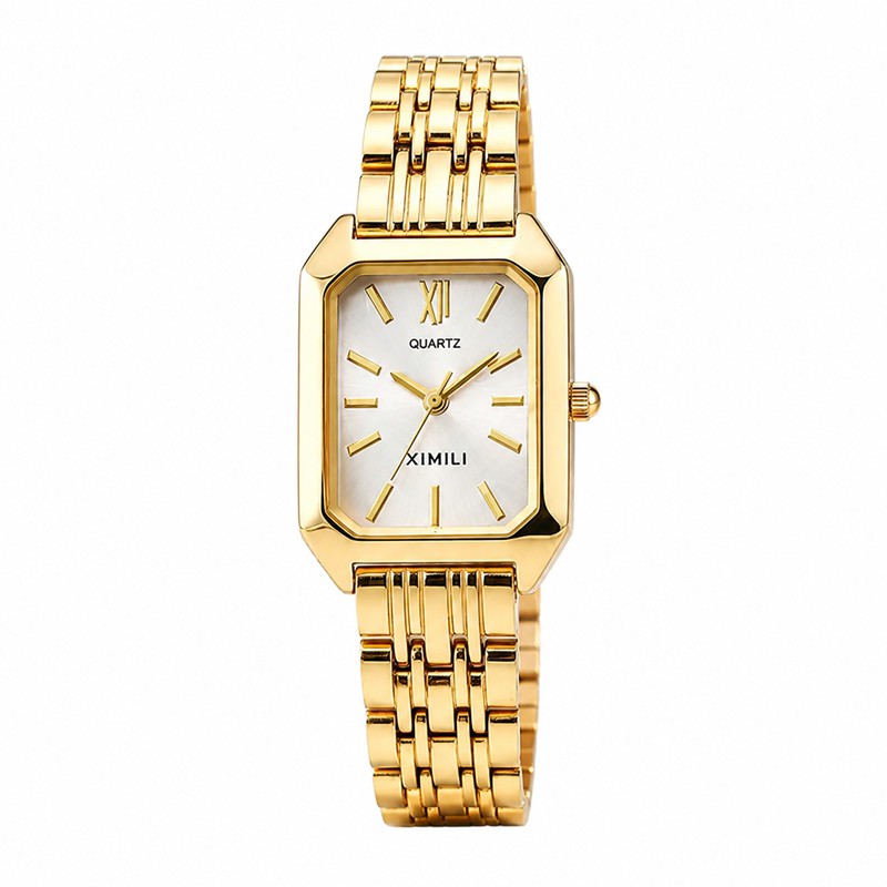 Reloj de Cuarzo para Mujer con Correa y Bisel Dorado Esfera Cuadrada Blanca image number null