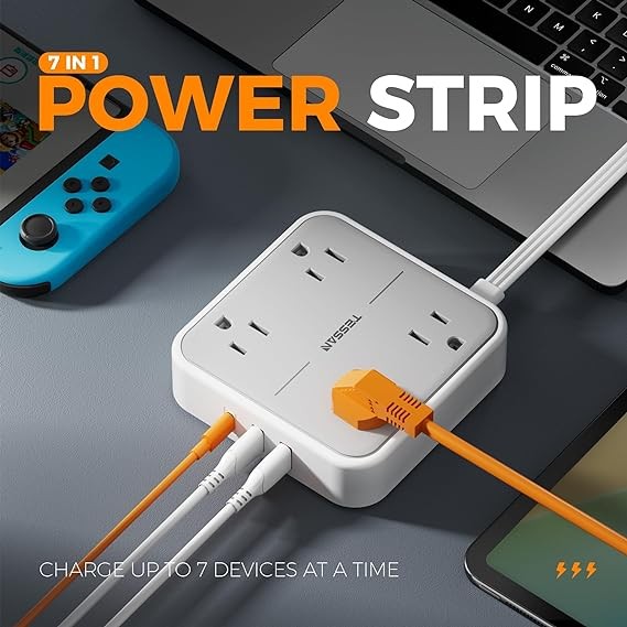 TESSAN Extension Electrica Enchufe Plano con Protector de sobretensi&oacute;n, Regleta Multicontacto Conector con 4 Salidas CA y 3 USB(1 USB C), Extensi&oacute;n Plana 1.5M para Hogar Oficina Dorm Travel Essentials. image number null