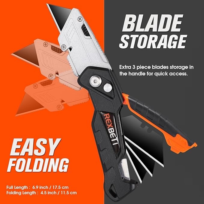 REXBETI 2-Pack Utility Knife, Heavy Duty Retractable Box Cutter for Cartons, Cardboard and Boxes, Blade Storage Design, Extra 10 Blades Included. image number null