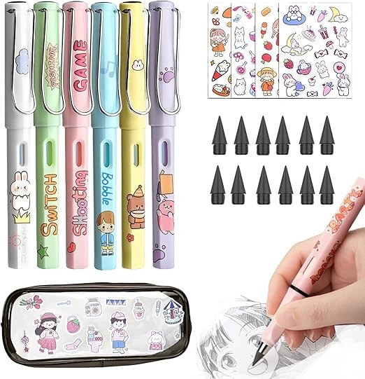 A AIYMQ Lapiz Infinito, 6 Lapices Eternos y Pegatinas decorativas,con 12 puntas y Bolsa Organizadora,Eternity Magic Pencil con Goma, herramienta de dibujo de boceto port&aacute;til reutilizable borrable. image number null