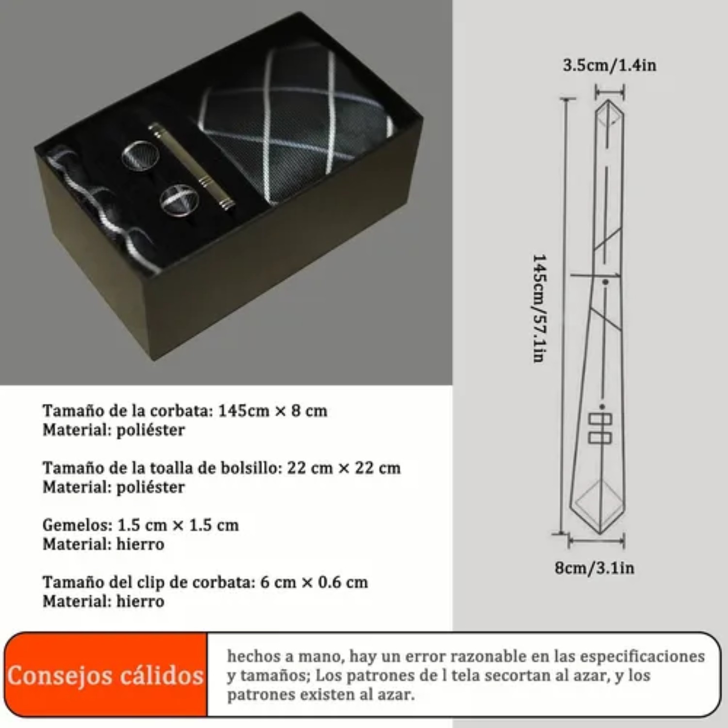 Classic Set Corbata Pa&ntilde;uelo Mancuernilla Hombre 5 Piezas negra rallada image number null