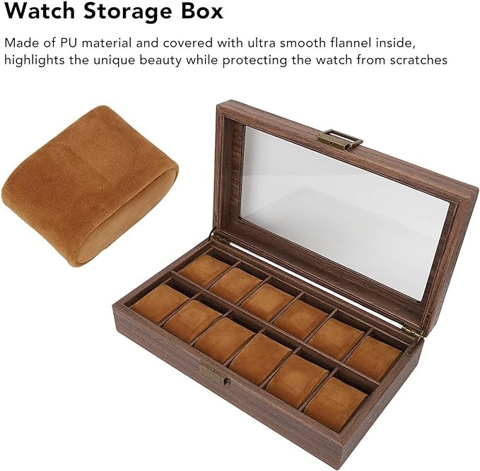 A Caja Organizadora de Reloj de Cuero PU con 12 Ranuras, Caja de Almacenamiento de Exhibici&oacute;n de Lujo de Grano de Madera con Parte Superior de Vidrio de Partici&oacute;n Grande para Almacenamiento Y Exhibici&oacute;n. image number null