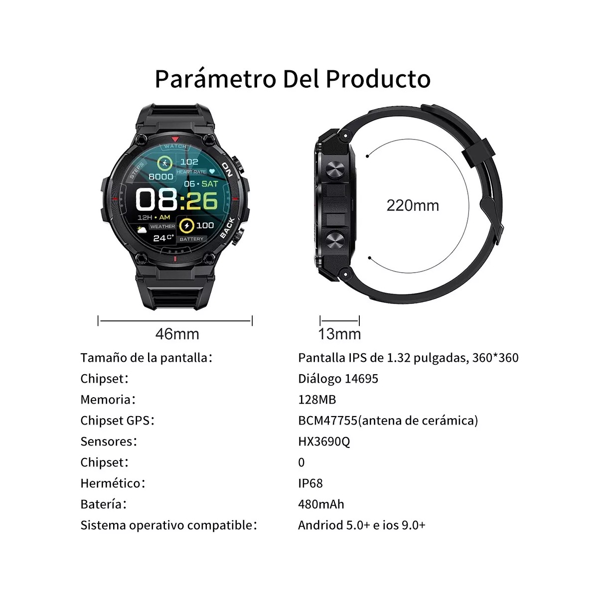 Reloj Inteligente Para Hombres Reloj Deportivo Gps Negro. image number null
