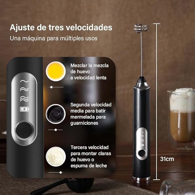 A Espumador de leche, Batidor de mano 3 en 1, Batidor el&eacute;ctrico de mano con 3 velocidades ajustables y 3 batidores de acero inoxidable para caf&eacute;s con leche, capuchinos, huevos, chocolate caliente,matcha. image number null