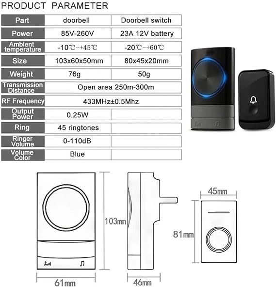 Timbre iInal&aacute;mbrico para Casa, Timbres Inal&aacute;mbricos para Puerta con 1 Transmisor y 2 Receptor, 200 Metros de Alcance image number null