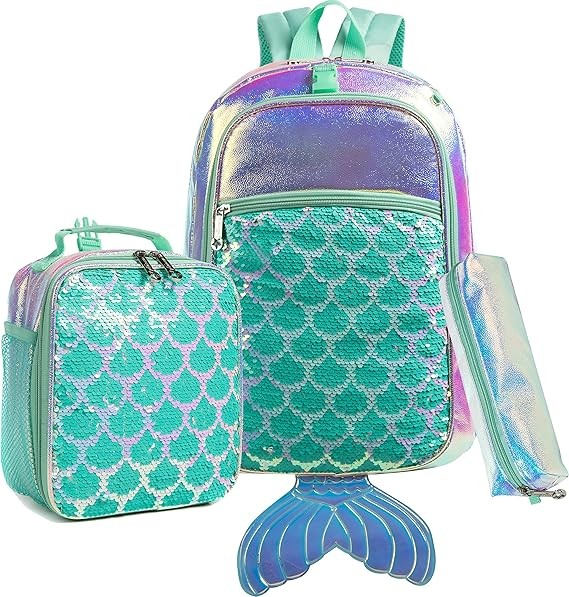 A Mochila para ni&ntilde;as Mermaid Magic Sequin mochila escolar con caja de almuerzo para ni&ntilde;as Set de mochila para preescolar elemental image number null
