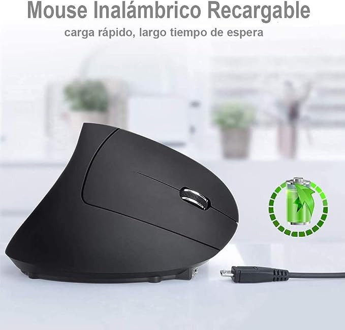 Mouse Inal&aacute;mbrico Ergon&oacute;mico Recargable, Mouse Vertical &Oacute;ptico de 2.4Ghz con 3 DPIs Ajustables, Dise&ntilde;o de 6 Botones con Receptor USB, Compatible con Sistema Windows y Mac(Negro). image number null