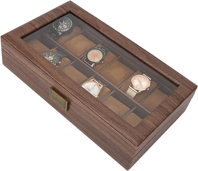 A Caja Organizadora de Reloj de Cuero PU con 12 Ranuras, Caja de Almacenamiento de Exhibici&oacute;n de Lujo de Grano de Madera con Parte Superior de Vidrio de Partici&oacute;n Grande para Almacenamiento Y Exhibici&oacute;n. image number null